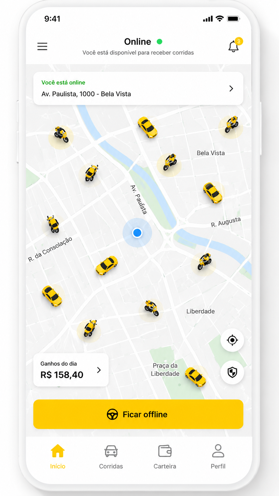 App do motorista Minhas Corridas: status online, mapa de corridas e ganhos do dia