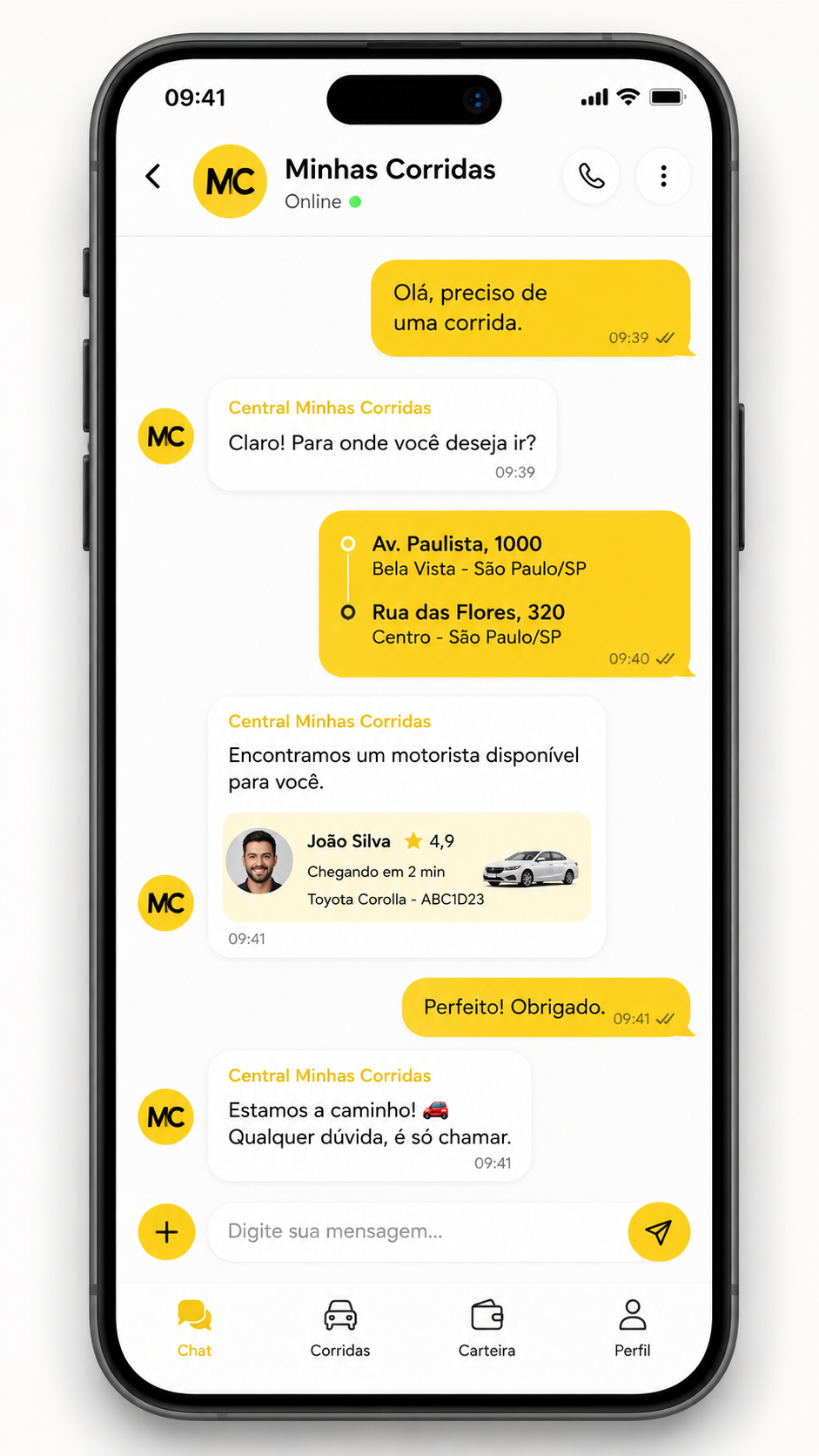 App do passageiro Minhas Corridas: solicitação de corrida por chat estilo WhatsApp